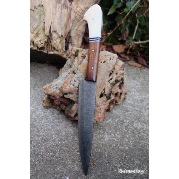 Couteau De Cuisine D'Office Lame Acier Damas 256 Couches Manche Bois/OS Fabrication Artisanale