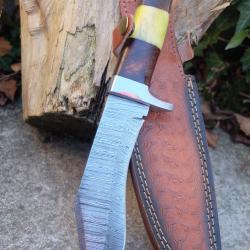Couteau Kukkri Kukri Manche Bois/Os Garde Nickel Lame Acier Damas 256 COuches Etui Cuir Fab Artisan