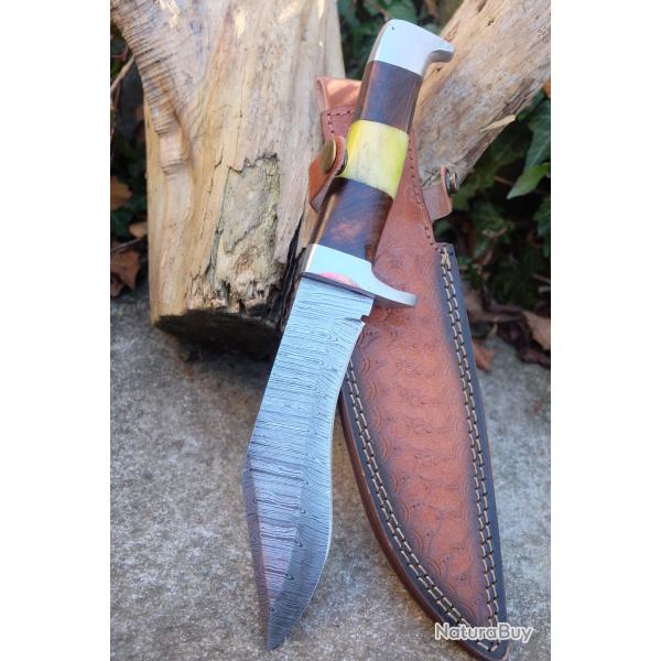 Couteau Kukkri Kukri Manche Bois/Os Garde Nickel Lame Acier Damas 256 COuches Etui Cuir Fab Artisan