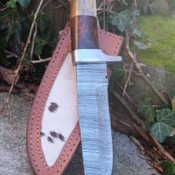 Skinner Couteau de Chasse Damas Lame 256 Couches Manche Os/Bois/Nickel Fabric Artisan Etui Cuir