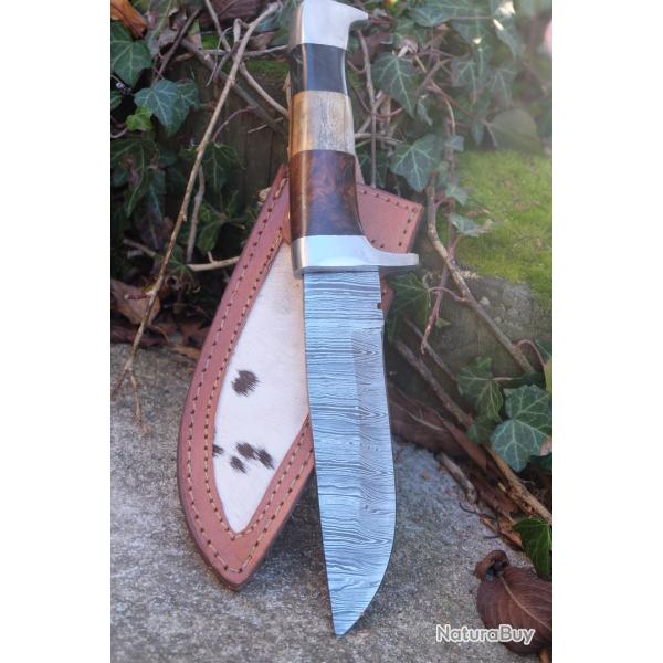 Skinner Couteau de Chasse Damas Lame 256 Couches Manche Os/Bois/Nickel Fabric Artisan Etui Cuir