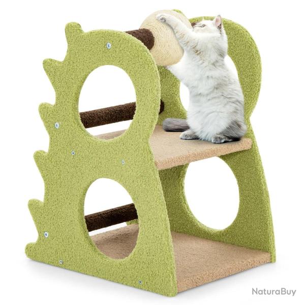 Arbre � chat 2 niveaux 48 x 37 x 58 cm avec balle interactif design dinosaure en peluche vert et be