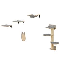 Arbre &agrave; chat mural avec 4 niveaux, 2 plateformes et hamac, design moderne, finition robuste en natu