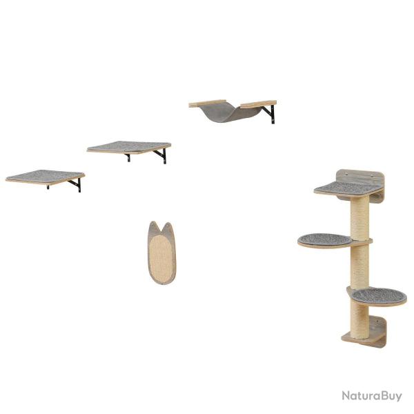 Arbre � chat mural avec 4 niveaux, 2 plateformes et hamac, design moderne, finition robuste en natu