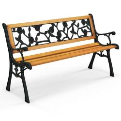 Banc de jardin 126 x 52 x 74 cm pour 3 personnes avec accoudoirs incurv&eacute;s en m&eacute;tal moulu noir et bo