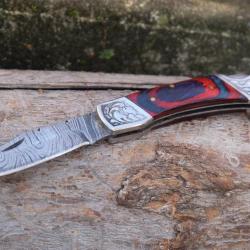 Couteau Lame Damas 128 Couches Manche Bois Style Acajou Fa&ccedil;on Buck 112 Fabric Artisanale Lockback