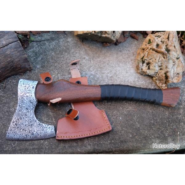 Belle Hache de Chef Viking Lame Acier Carbone 1055 Fa�on Damas Manche Bois Etui Cuir Fab Artisanale