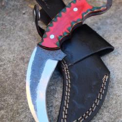 Couteau Karambit Lame Acier Carbone 1055 Manche Bois Etui Cuir Port Horizontal Fabr Artisanale
