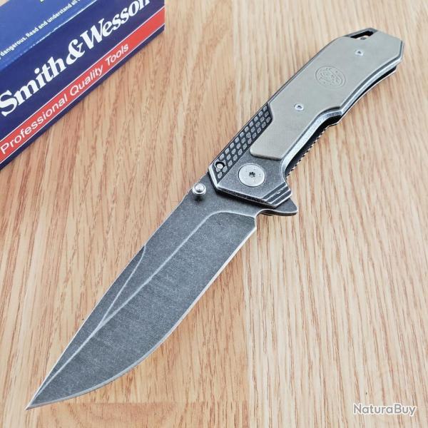 Couteau Smith&Wesson Tactical Desert Tan Lame Acier 8Cr13MoV Manche G-10 Framelock