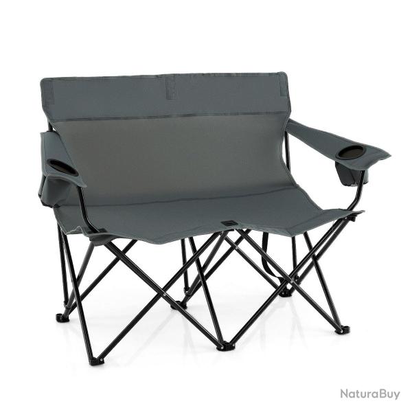 Chaise de camping double 132 x 66 x 96 cm confort optimal avec porte-gobelets design gris en tissu