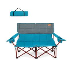 Chaise de camping 2 places 147 x 69 x 82 cm assise rembourr&eacute;e pliable avec porte-gobelets en m&eacute;tal