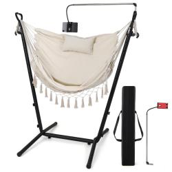 Hamac sur pied 75 x 107 x 96-146 cm confort optimal et porte-t&eacute;l&eacute;phone pivotant style boh&egrave;me en cot