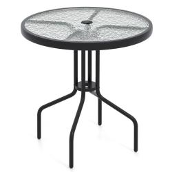 Table de jardin ronde 70 cm avec trou pour parasol design moderne en m&eacute;tal noir verre tremp&eacute; 20_001