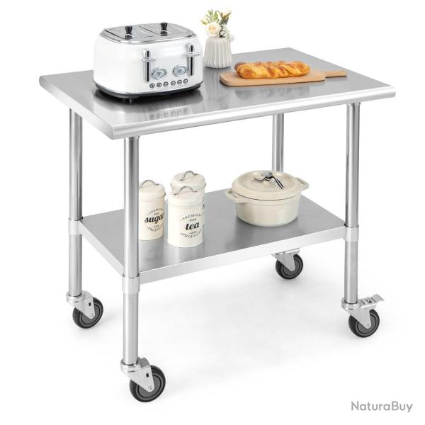 Table de travail � roulettes 91,5 x 61 x 88,5 cm facile � d�placer 2 niveaux moderne en acier inox
