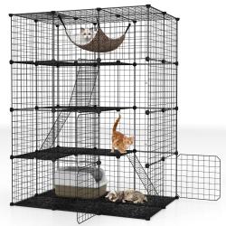 Cage pour animaux 109,5 x 74 x 142 cm avec hamac confortable 4 niveaux s&eacute;curis&eacute;s style moderne en P