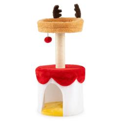 Arbre &agrave; chat de No&euml;l 35 x 80 cm avec perchoir rembourr&eacute; et poteau &agrave; griffer en sisal d&eacute;coratif blan