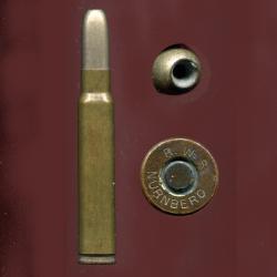 9.3 x 63 G Mauser - TRES RARE - balle nickel pointe creuse - marquage : R.W.S. N&Uuml;RNBERG