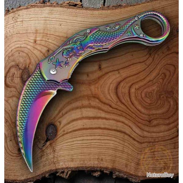 Couteau ElitEdge A/O Sir�ne Karambit Lame Acier 440C Manche Acier Spectrum Linerlock EE10A120RB