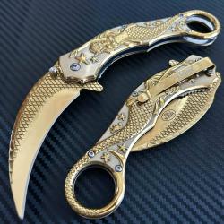 Couteau ElitEdge A/O Sir&egrave;ne Karambit Lame Acier 440C Manche Acier Gold Linerlock EE10A120GD