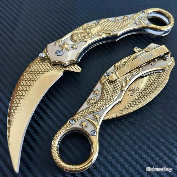 Couteau ElitEdge A/O Sir�ne Karambit Lame Acier 440C Manche Acier Gold Linerlock EE10A120GD