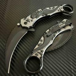 Couteau ElitEdge A/O Sir&egrave;ne Karambit Lame Acier 440C Manche Acier Black/Silver Linerlock EE10A120SB
