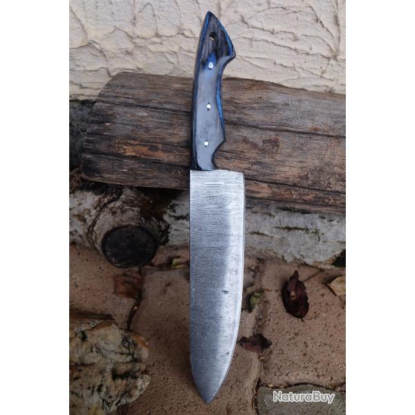 Couteau De Cuisine Style Japonais Lame Acier Damas 256 Couches Manche Bois Fabric Artisanale