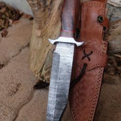 Couteau Bowie De Chasse Manche Bois Lame Acier Damas 256 Couches Etui Cuir Fabr Artisanale