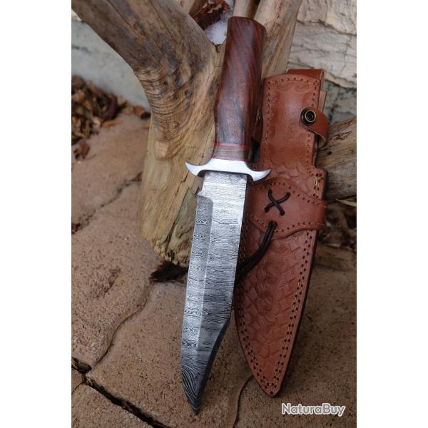 Couteau Bowie De Chasse Manche Bois Lame Acier Damas 256 Couches Etui Cuir Fabr Artisanale