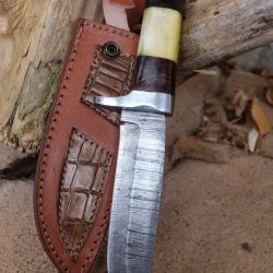 Skinner Couteau de Chasse Damas Lame 256 Couches Manche Os/Bois/Nickel Fabric Artisan Etui Cuir 001