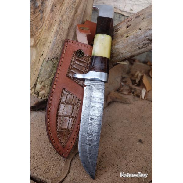 Skinner Couteau de Chasse Damas Lame 256 Couches Manche Os/Bois/Nickel Fabric Artisan Etui Cuir 001