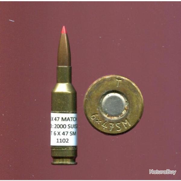 6 x 47 Suisse Match - marquage : T  6 x 47 SM - balle cuivre pointe plastique rouge - �tui 47 mm