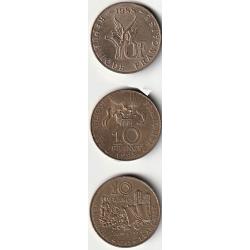 Lot Pi&egrave;ces de Monnaie France 10 Francs Roland Garros-Conquette de L'Espace-Victor Hugo Qualit&eacute;