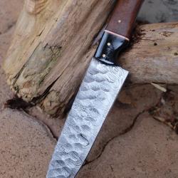 Couteau De Cuisine de Chef Lame Martel&eacute;e Acier Damas 256 Couches Manche Bois/R&eacute;sine Fab Artisanale