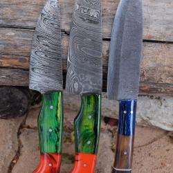 Lot de 3 Couteau De Cuisine Lame Acier Damas 256 Couches Manche Bois/R&eacute;sine Fabric Artisanale