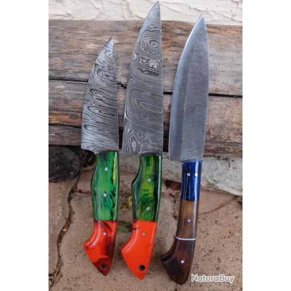 Lot de 3 Couteau De Cuisine Lame Acier Damas 256 Couches Manche Bois/R�sine Fabric Artisanale