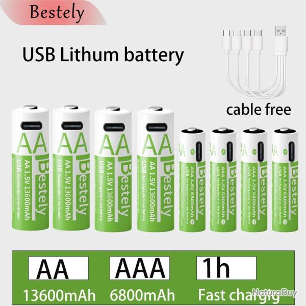 Piles Li-ion Rechargeable USB-C Forte Capacite AA/AAA, Modele: 4AA+4AAA
