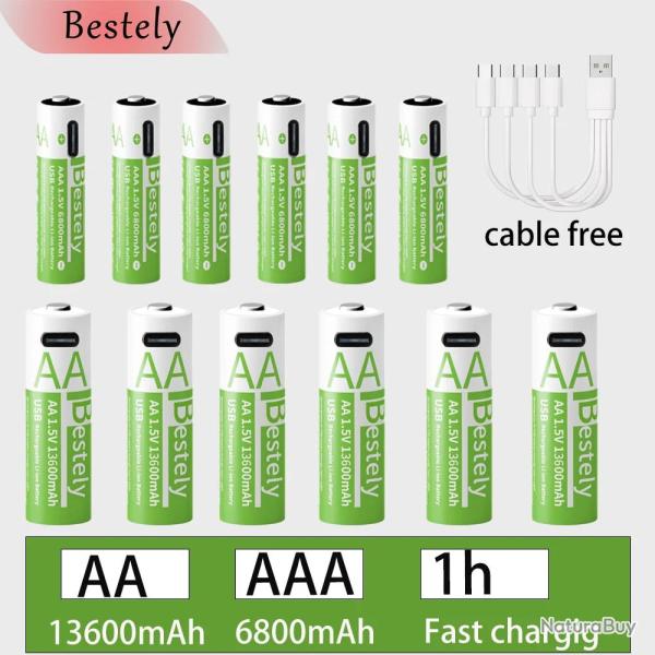 Piles Li-ion Rechargeable USB-C Forte Capacite AA/AAA, Modele: 6AA+6AAA