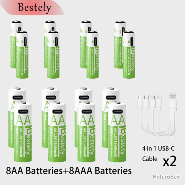 Piles Li-ion Rechargeable USB-C Forte Capacite AA/AAA, Modele: 8AA+8AAA