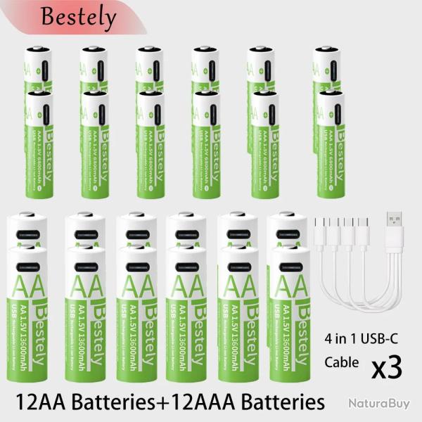 Piles Li-ion Rechargeable USB-C Forte Capacite AA/AAA, Modele: 12AA+12AAA