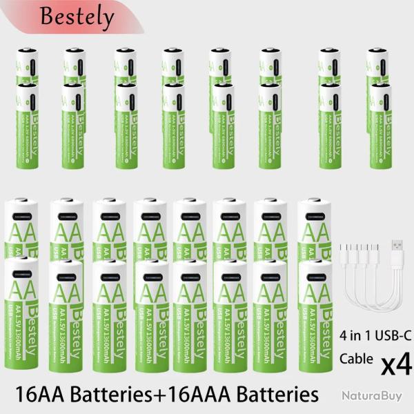 Piles Li-ion Rechargeable USB-C Forte Capacite AA/AAA-16AA+16AAA 20260729082525