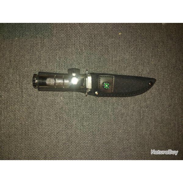 Couteau de Survie Pilote H�lico Lame Acier Inox Manche Aluminium Etui Nylon Boussole Kit de Survie