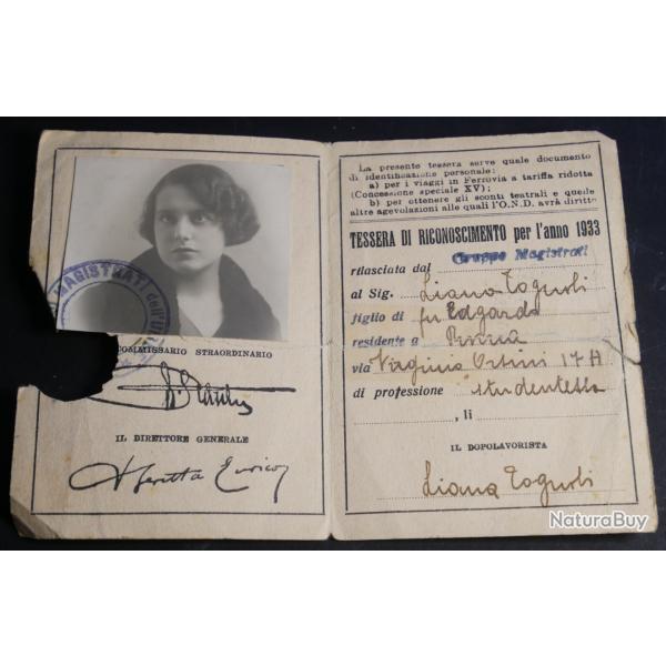 Carte �tudiante Temps Libre 1933 avec photo Italie ww2