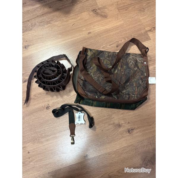 PACK carnier de chasse cartouchiere cuir et bretelle �lastique