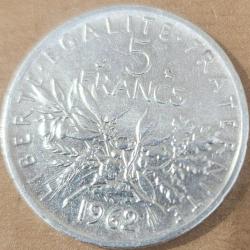 VENTE PIECE DE 5 FRANCS EN ARGENT 1962 AVEC LA SEMEUSE AU VERSO