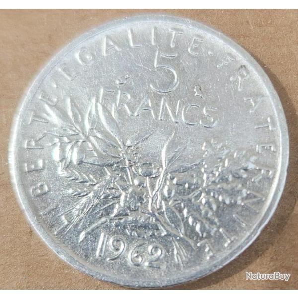 VENTE PIECE DE 5 FRANCS EN ARGENT 1962 AVEC LA SEMEUSE AU VERSO