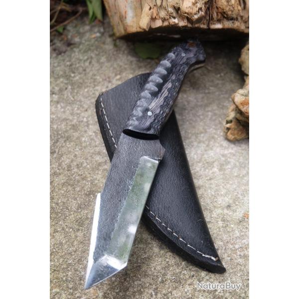 Couteau Tanto Tactical Urban Lame Acier Carbone 1075 Manche Bois Etui Cuir Fabrication Artisanale