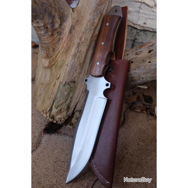 Poignard Bushcraft Couteau de Chasse Survie Lame Carbone 1055 Manche Bois Etui Cuir F Artisan
