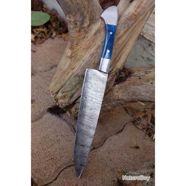 Couteau De Cuisine de Chef Lame Acier Damas 256 Couches Manche R�sine Bleu /Acier Fabr Artisanale