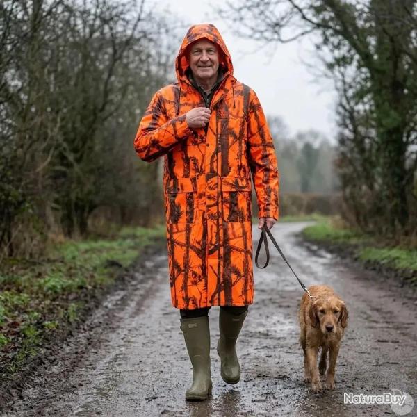 Manteau imperm�able long polyur�thane orange camo blaze M � 4XL