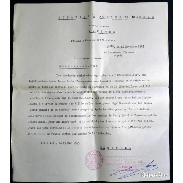 Rare document R�sistant, De Gaule, Brusson r�sistance du fer ww2, Sign� Constantine 1945 1956 ffi